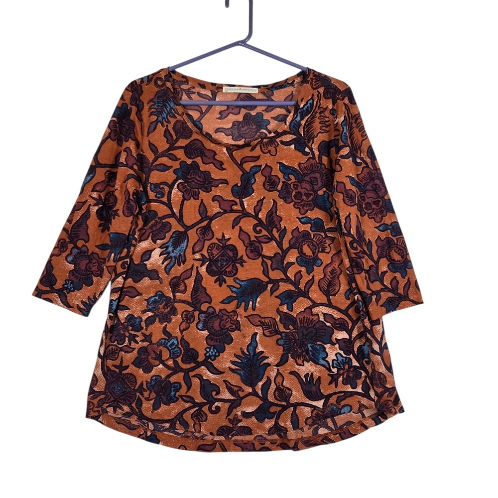 Peruvian Connection Top Womens Medium Orange Blue Floral Pima Cotton Mesh